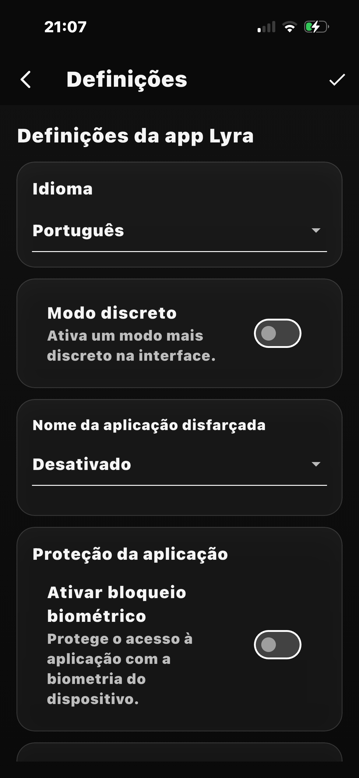 Ecrã de definições da aplicação