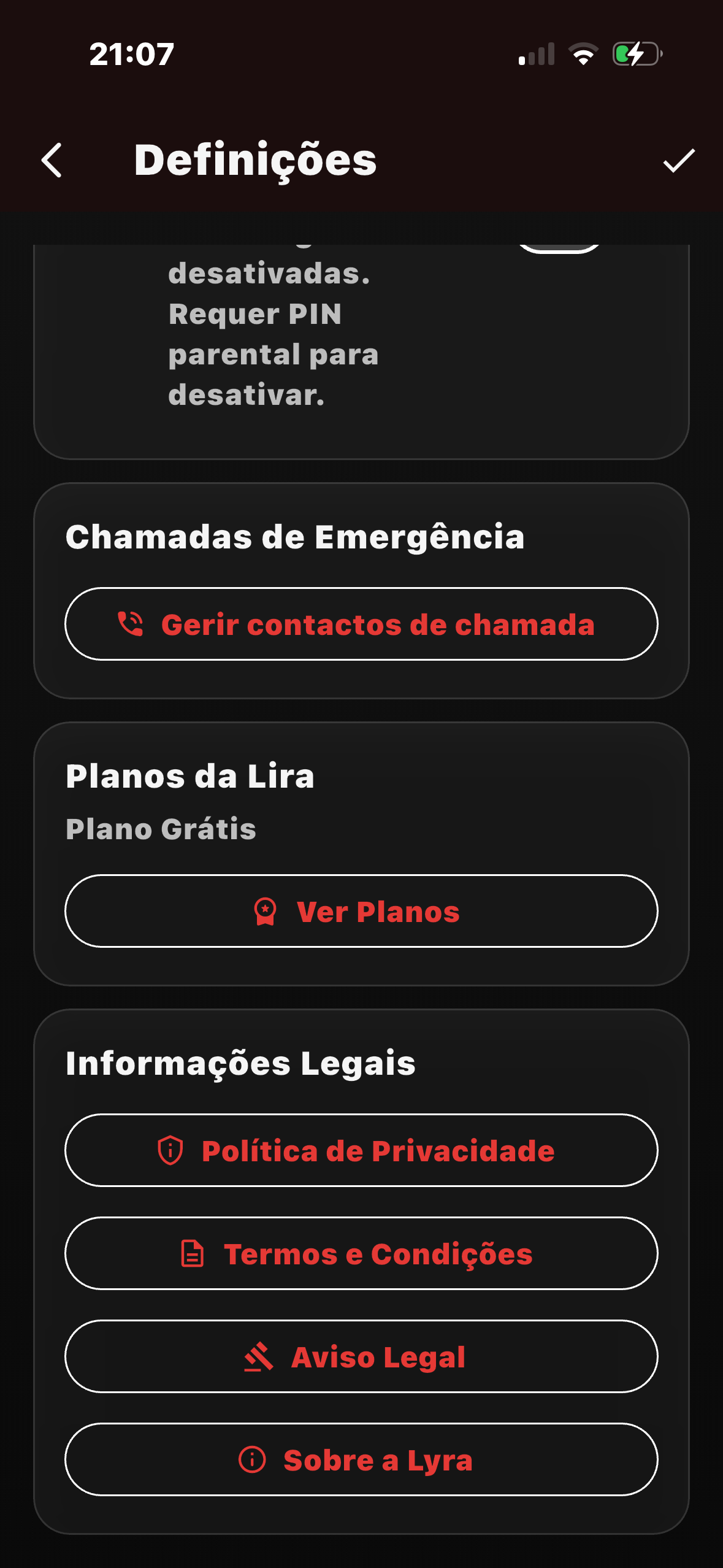 Ecrã com acesso a planos e informações legais