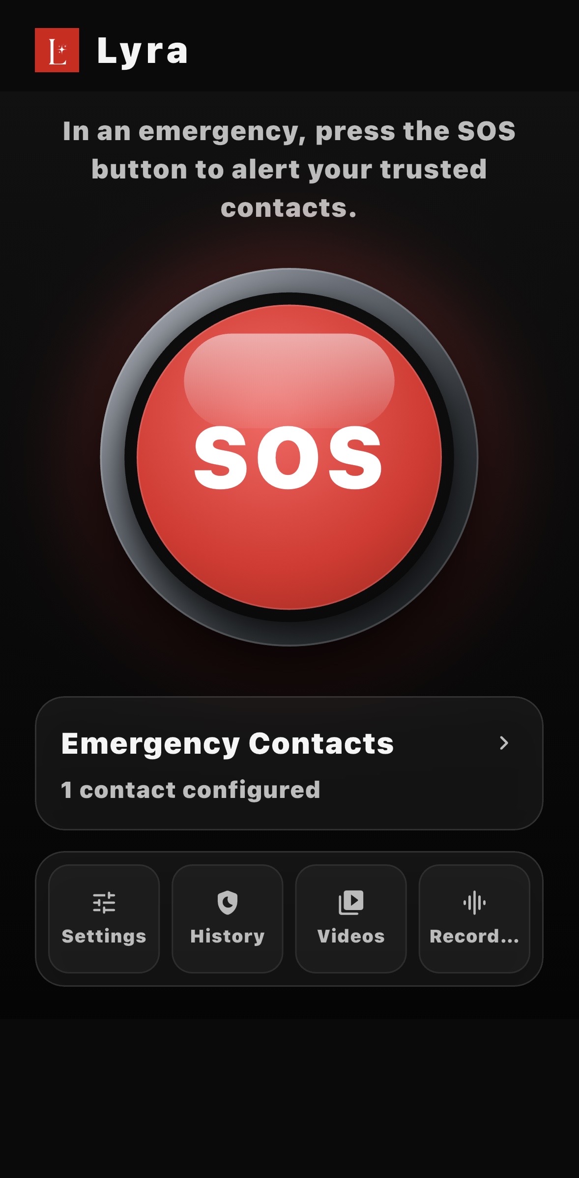 Screen with sent alert and SOS button